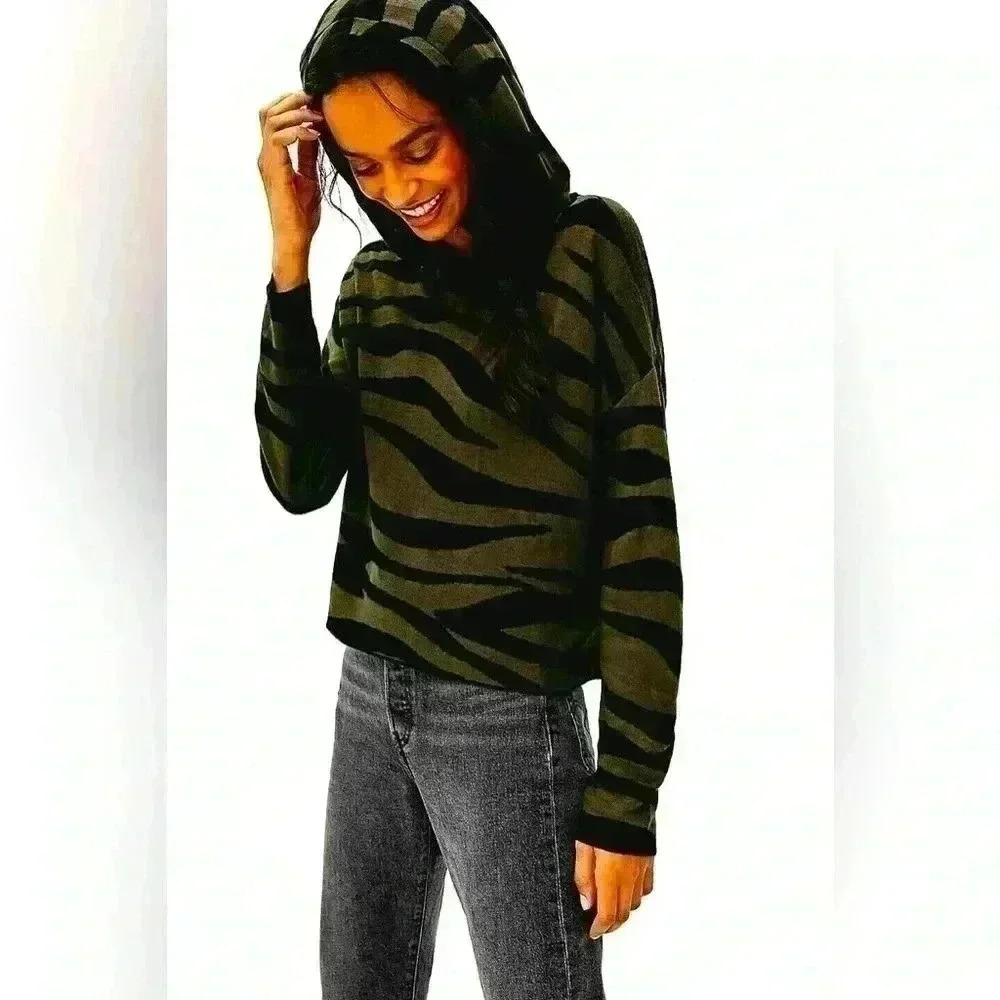 Anthropologie Kasia Knit Hoodie Sweater Sweatshirt Zebra/Animal Print Olive S